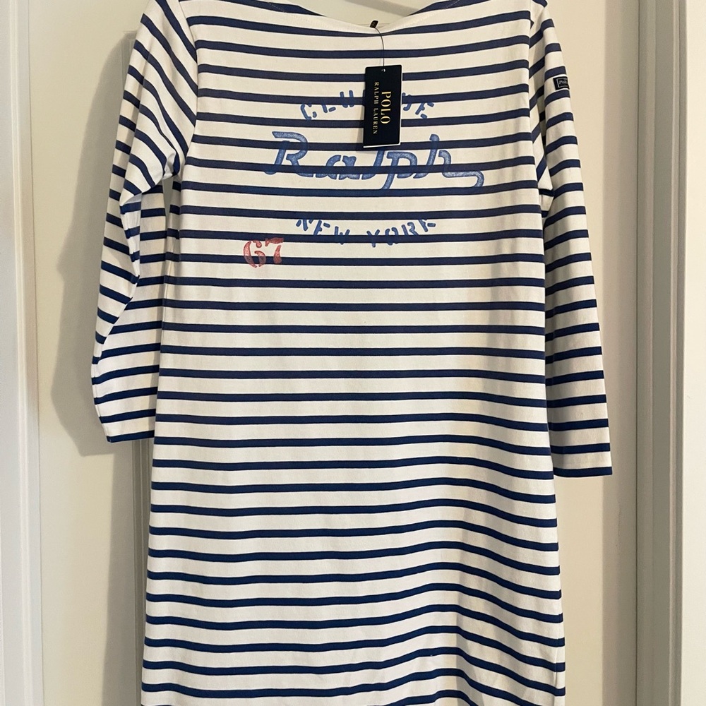 POLO RALPH LAUREN Logo Gradient Striped Dress Women Size M White Blue New